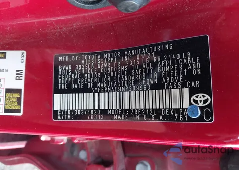 2021 Toyota Corolla Le from USA, damaged, VIN 5YFEPMAE9MP209963